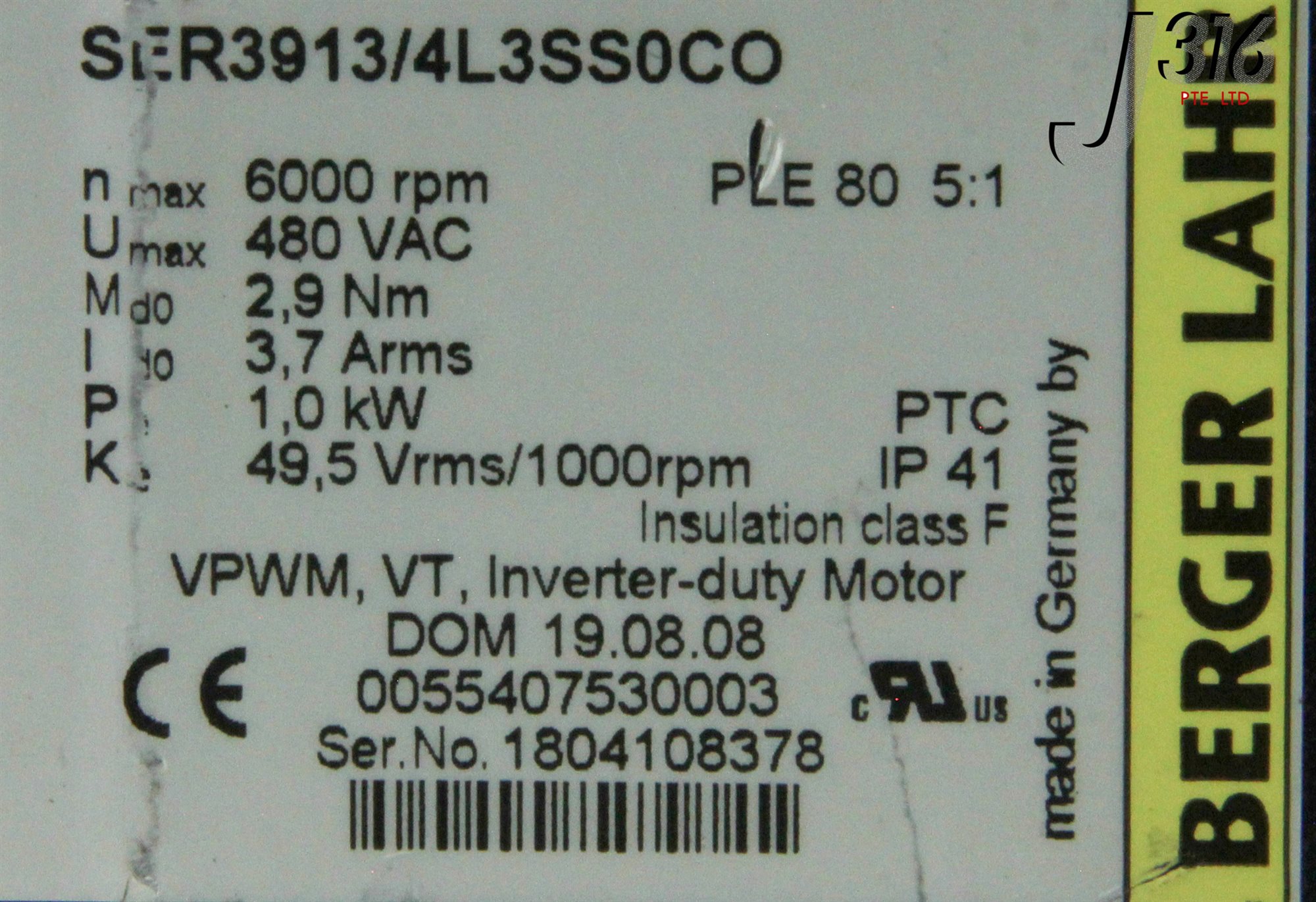 Moteur Berger Lahr SER 3913/4L3SS0CO – Occasion, Très Bon état, Utilisé 2 Ans, Origine Allemagne